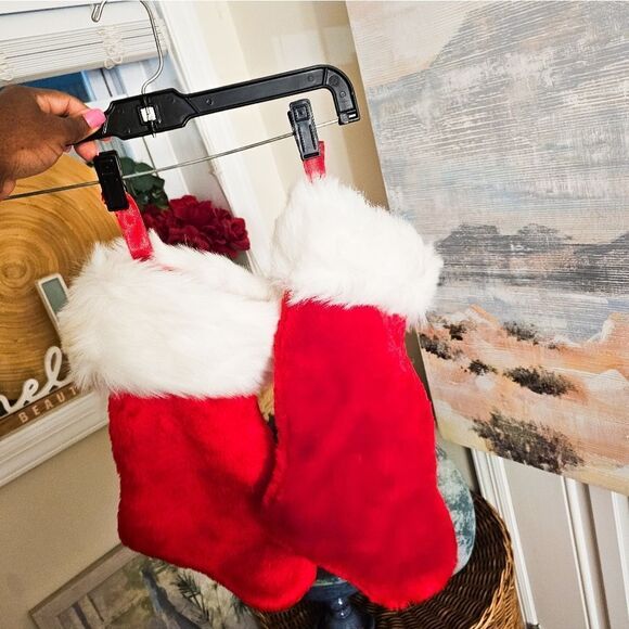 Set Of 2 Retro Fuzzy Cloth Red & White Christmas Holiday Stocking. - Picture 6 of 15